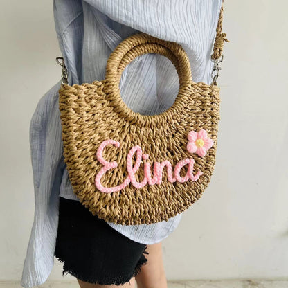 DIY Letter Name Seaside Vacation Style Grass Woven Handbag Straw Tote Crossbody Bag