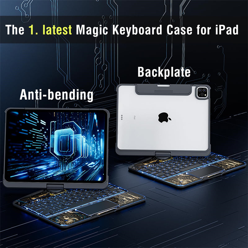 **360° Rotating Clear Case for iPad with Bluetooth Keyboard and Smart Trackpad – Case with Stylus Slot**